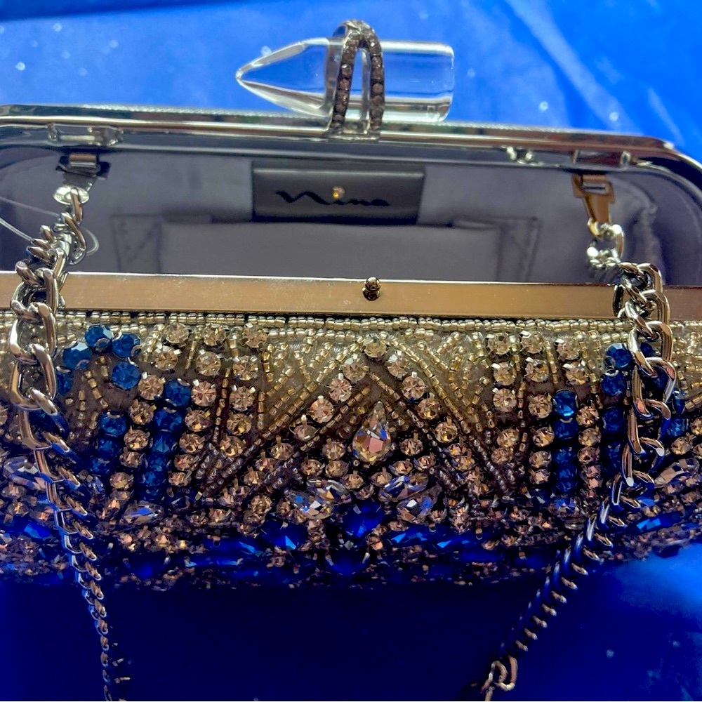 Nina Gelsey women’s Clutch bag | Silver/Blue Multi Glass Bead NWT - Picture 6 of 8